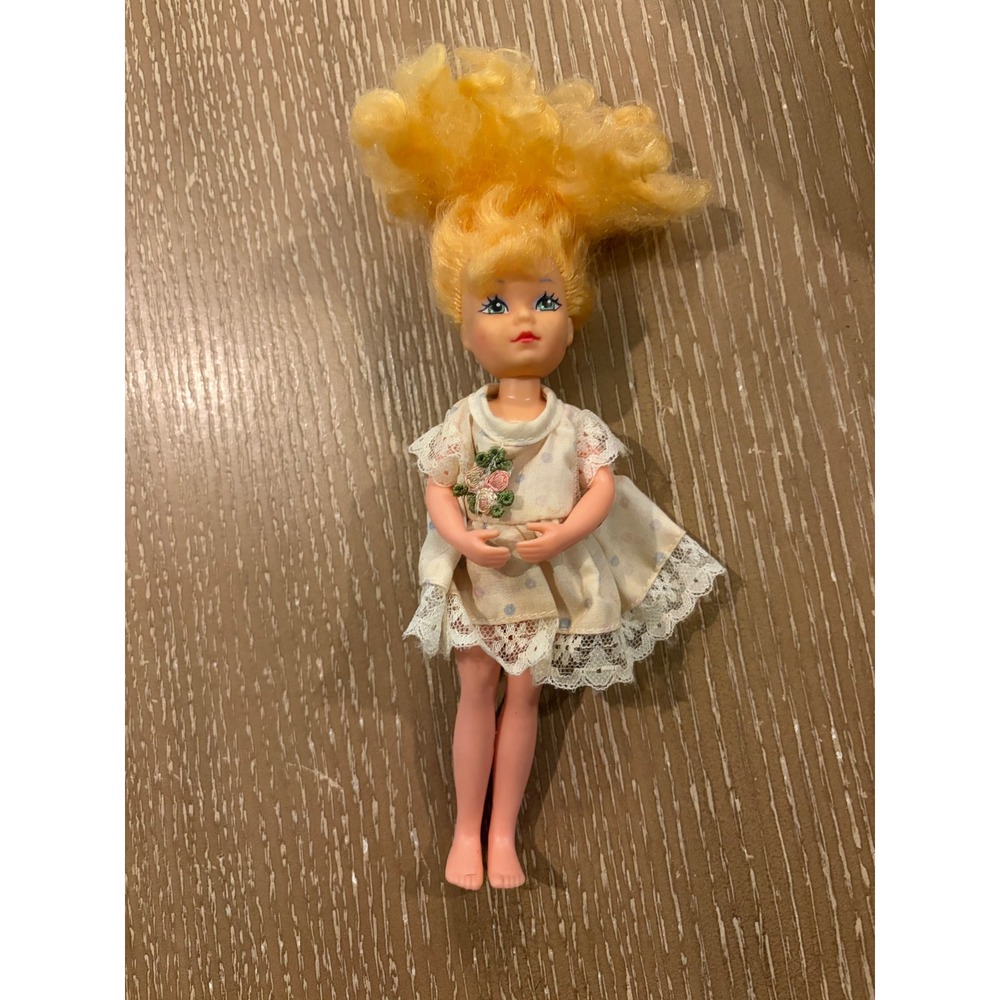 Creata 1985 Vintage Doll Blonde Curly Hair 6.5 Inch Polka Dot Lace Dress